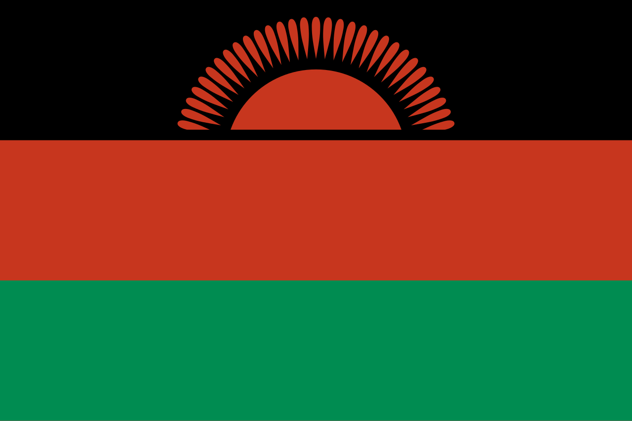 La bandiera del Malawi: nero, rosso e verde, con il sole nascente rosso.