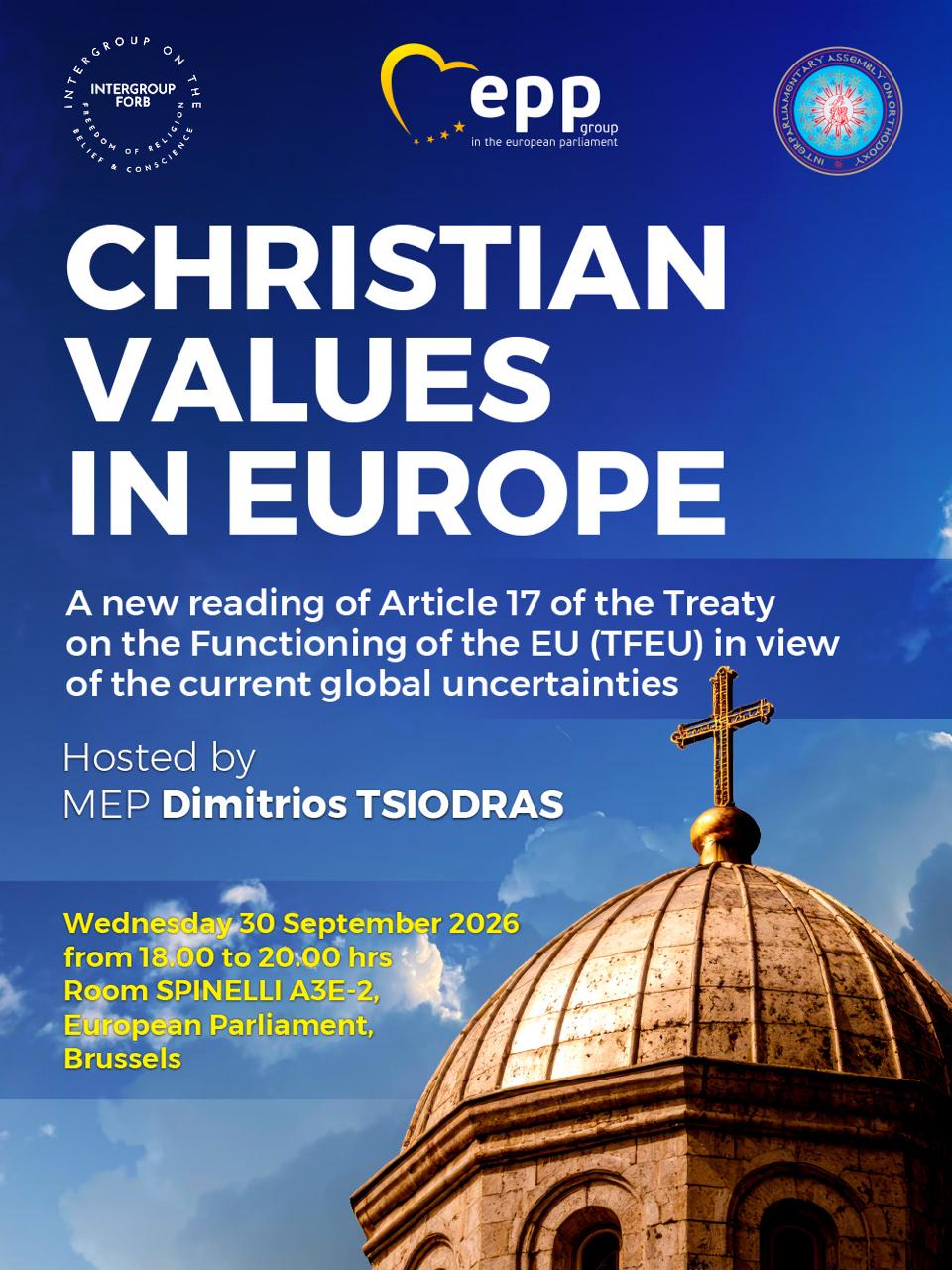 Locandina dell’incontro Christian values in Europe, Parlamento europeo, Bruxelles, 30 settembre 2026.